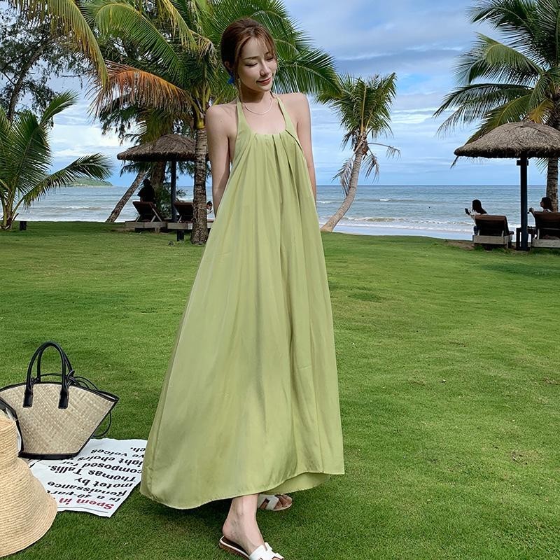 EAGC ●性感露背法式酪梨綠洋裝女夏三亞拍照海邊度假沙灘裙長裙超仙 海邊洋裝 法式洋裝 寬鬆洋裝 度假長洋裝