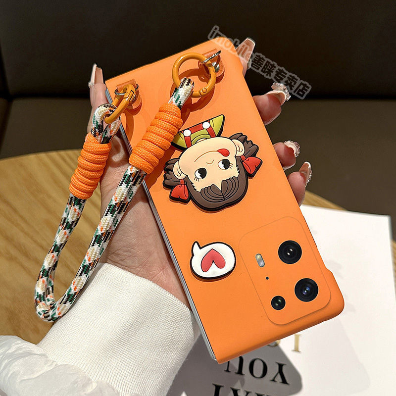 Oppo Findn2 折疊屏女孩手機殼 Find N 便攜式掛繩橙色卡通手機殼