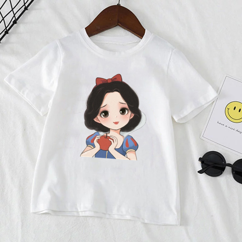 可愛的白雪公主迪士尼公主印花兒童 T 恤夏季女孩衣服短袖白色兒童 T 恤