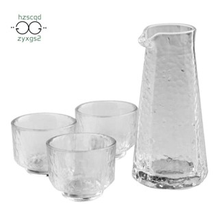 4 件透明日本清酒壺,一壺三杯玻璃酒杯套裝帶錘紋