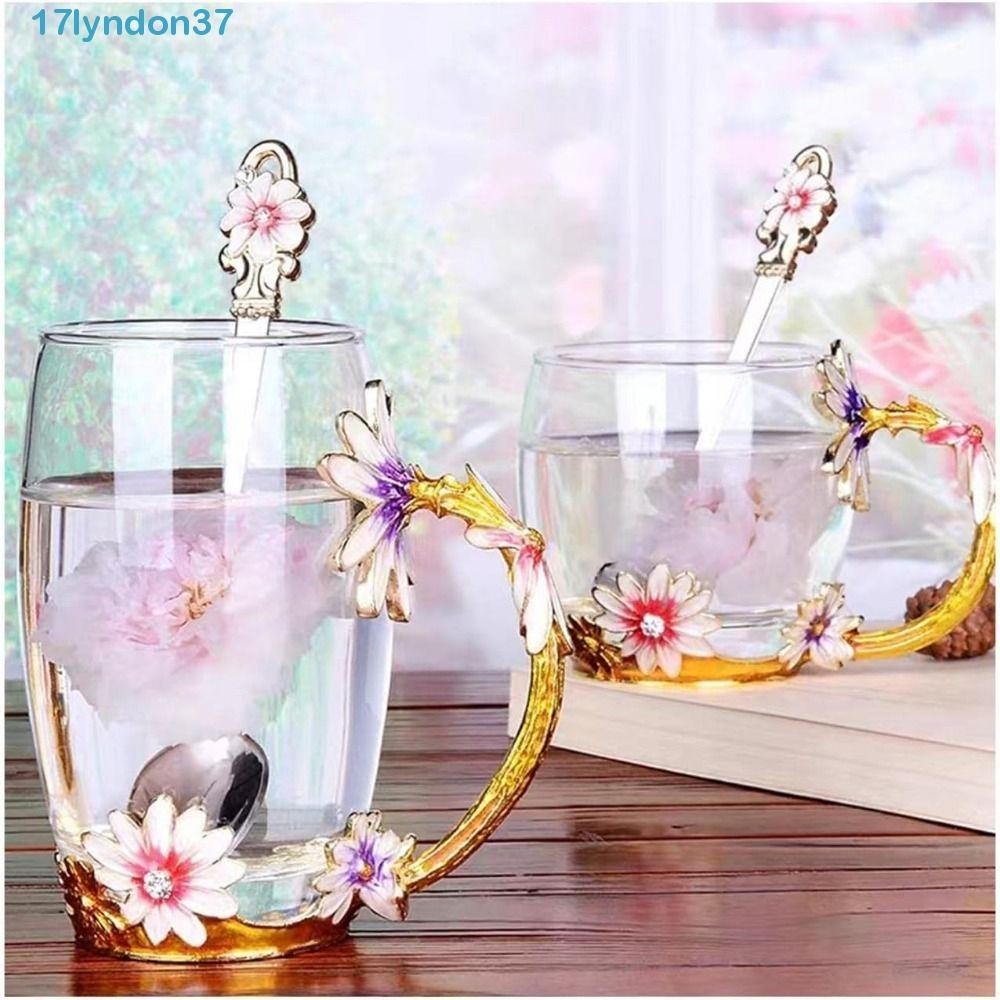 LYNDONB玻璃咖啡杯,復古優雅茶杯盤套裝,花式琺瑯花裝飾手柄清除透明玻璃茶杯婦女