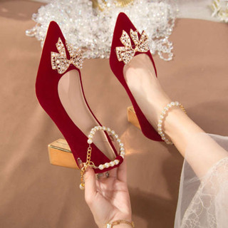 婚鞋女粗跟2024年新款珍珠蝴蝶結法式高跟鞋不累腳秀禾婚紗新娘鞋