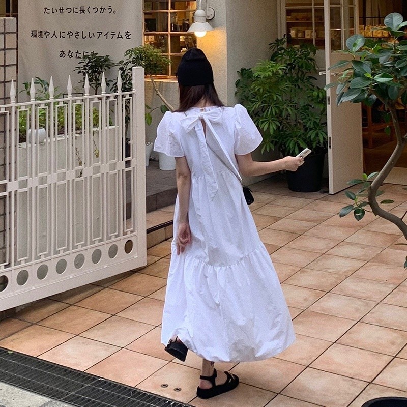 In march | 韓國ins復古簡約茶歇小眾後背蝴蝶結寬鬆短袖洋裝法式長裙