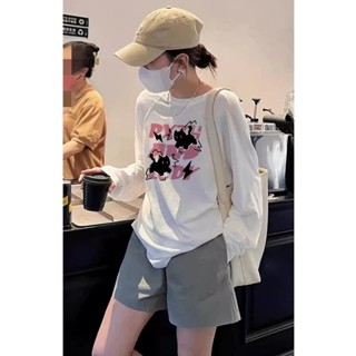 【臺灣出貨】XH 210g 純棉長袖T恤 早秋上衣 寬鬆衛衣內搭打底衫女 2024秋季新款上衣 圓領印花T恤 RD3