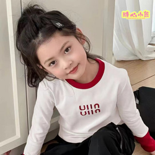 秋季新款女大童長袖衣服上衣女童打底衫單上衣女童長袖春秋寬鬆拚接拚色洋氣韓版百搭秋季女孩