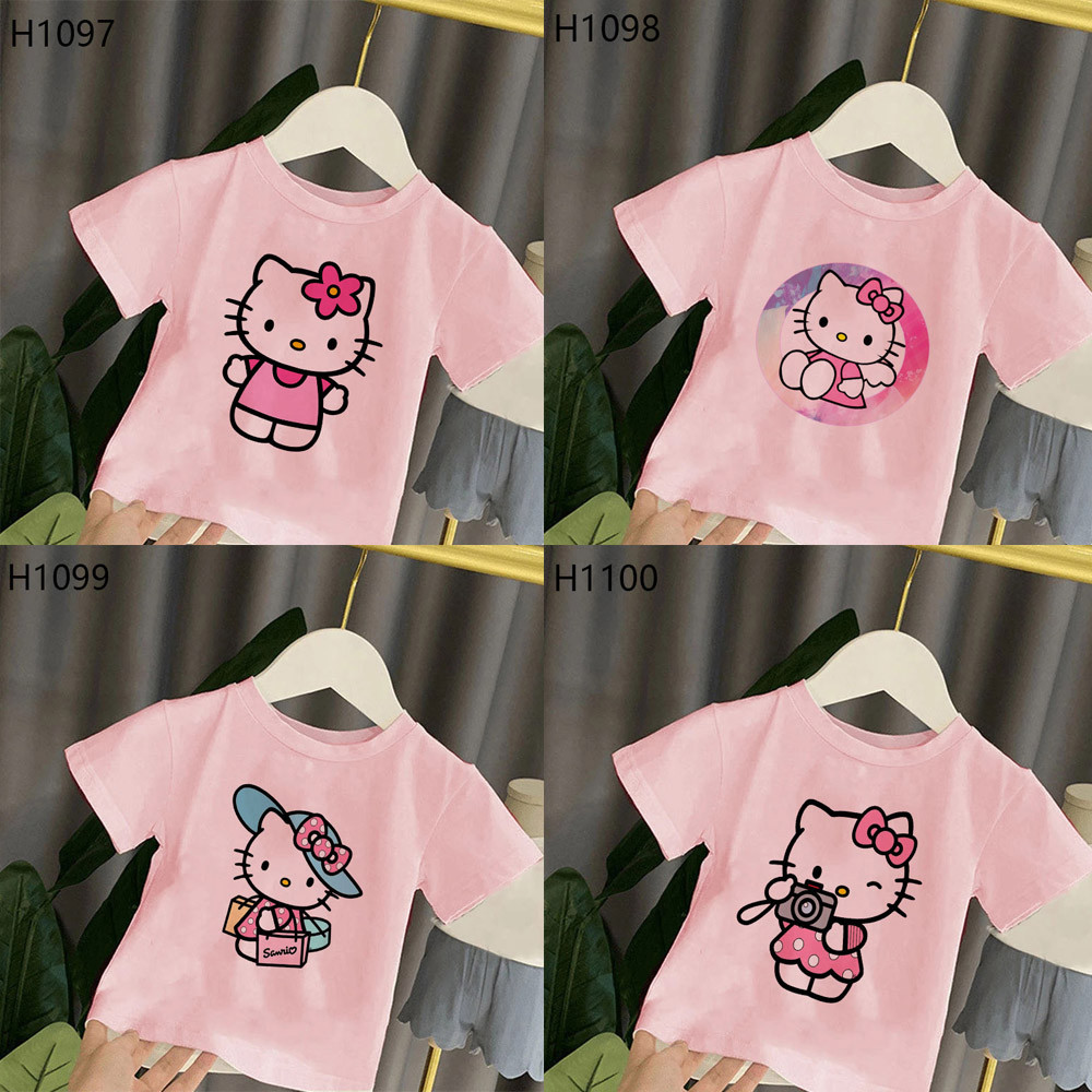 Hello Kitty 卡通人物兒童粉色 T 恤夏季短袖小女孩 T 恤