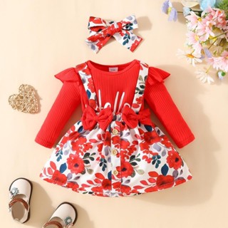 女童寶寶連衣裙套裝春秋0-1歲女童長袖字母上衣+花朵蝴蝶吊帶連衣裙頭帶