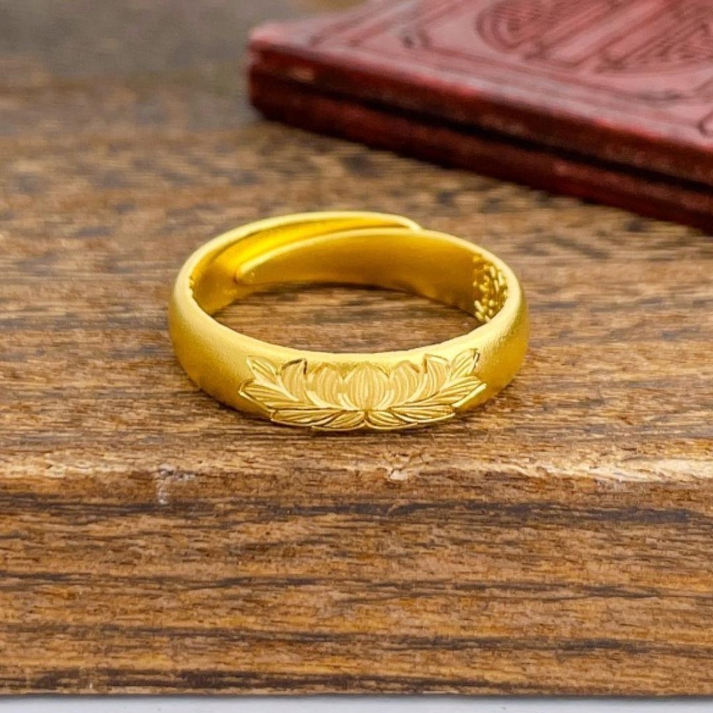 傳承古法蓮花紋花條活口戒指黃金色實心指環送爸媽