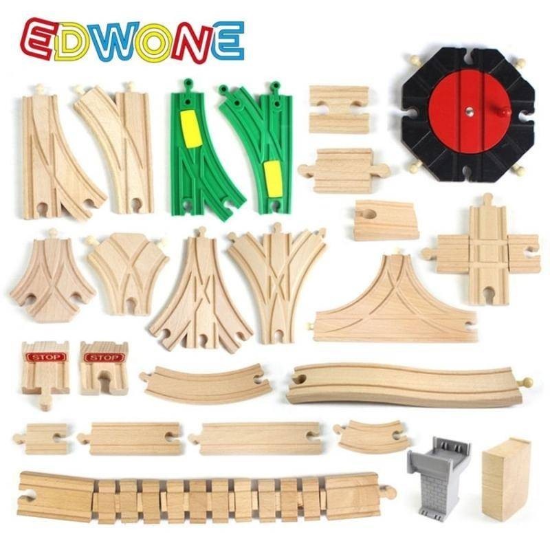滿599免運EDWONE櫸木軌道火車玩具木質木制火車散軌道拼裝兒童玩具相容宜家