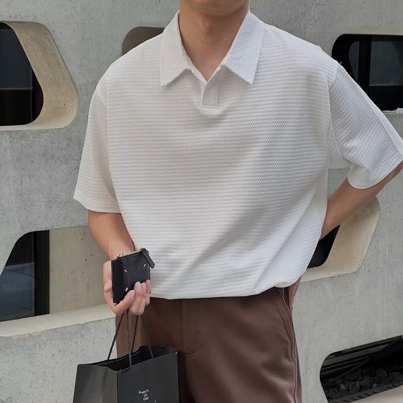 華夫格t恤男士短袖夏季時尚品牌ins韓版小眾上衣夏季冰絲半袖立領polo衫