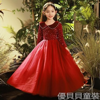 【現貨速發】紅色時尚感女童禮服公主裙長袖娃娃領主持人兒童鋼琴表演服