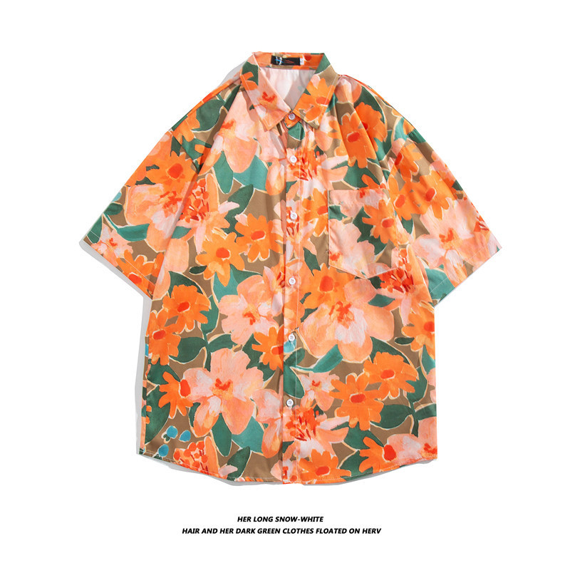 【尺碼 M-3xl】花朵印花夏季海灘夏威夷短袖襯衫男士寬鬆