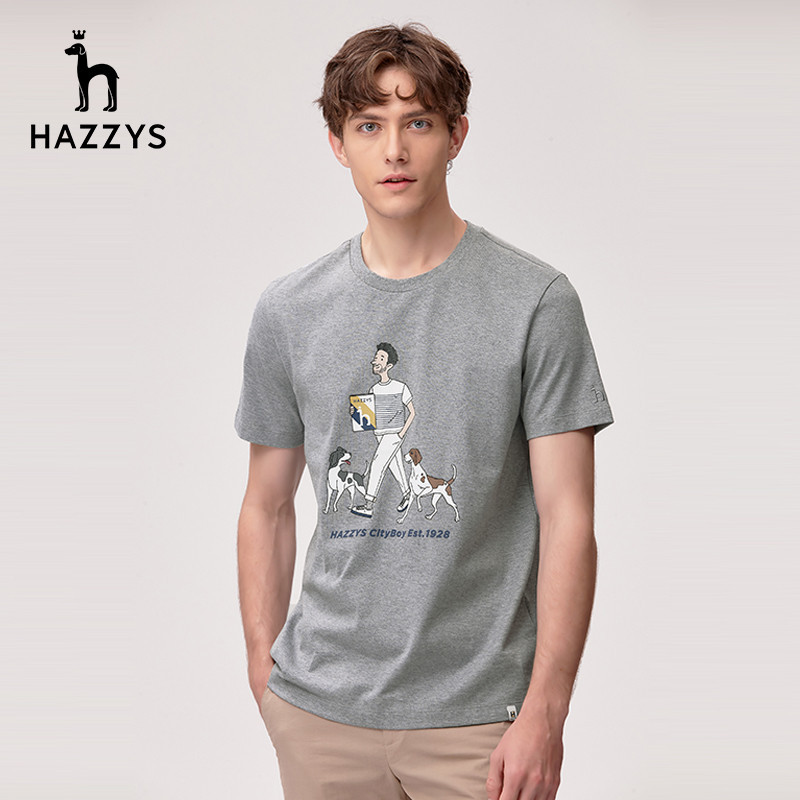 Hazzys高品質哈吉斯夏季男士圓領短袖T恤衫時尚休閒寬鬆男T潮流上衣513