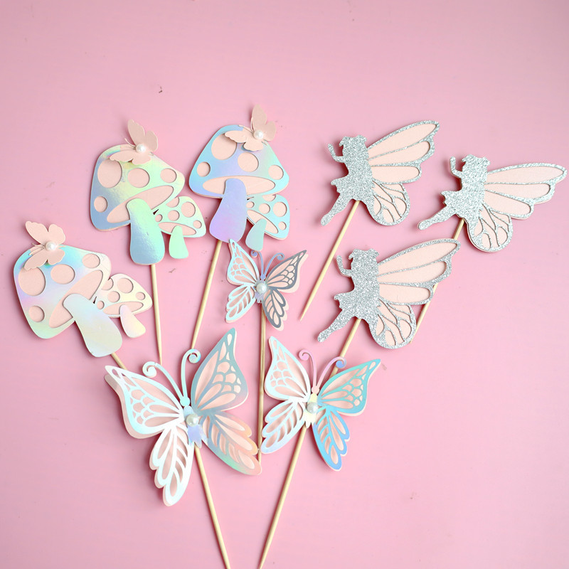 【48小時~出貨】紙質精靈蘑菇珍珠蝴蝶小仙女生日蛋糕插件生日派對蛋糕裝飾