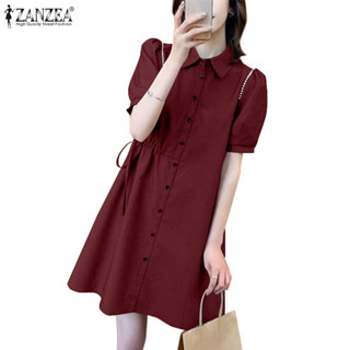 Zanzea 女式韓版時尚日常泡泡袖抽繩單排扣連衣裙