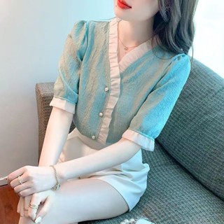 2024 夏季 新款 法式 V領 木耳邊 雪紡 襯衫 女 設計感 拼接 洋氣 百搭 上衣仙