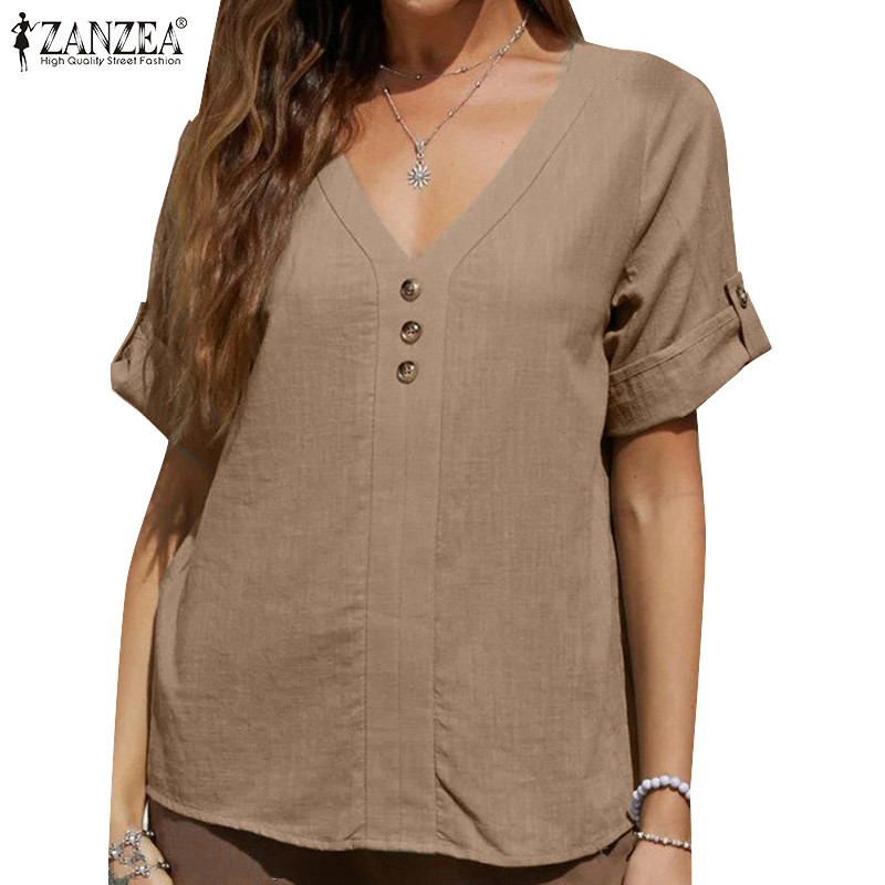 Zanzea 女式複古休閒 V 領裝飾鈕扣袖標籤襯衫