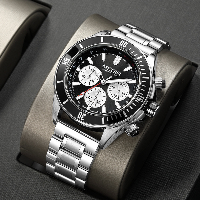 MEGIR新款男士手錶  實心鋼帶三眼六針多功能運動男士石英手錶 2226