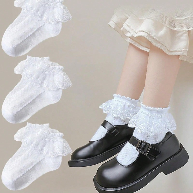 (1-12 歲)兒童襪子女孩蕾絲襪女孩棉襪女孩蕾絲公主襪嬰兒白色舞蹈襪嬰兒襪子可愛兒童襪子嬰兒