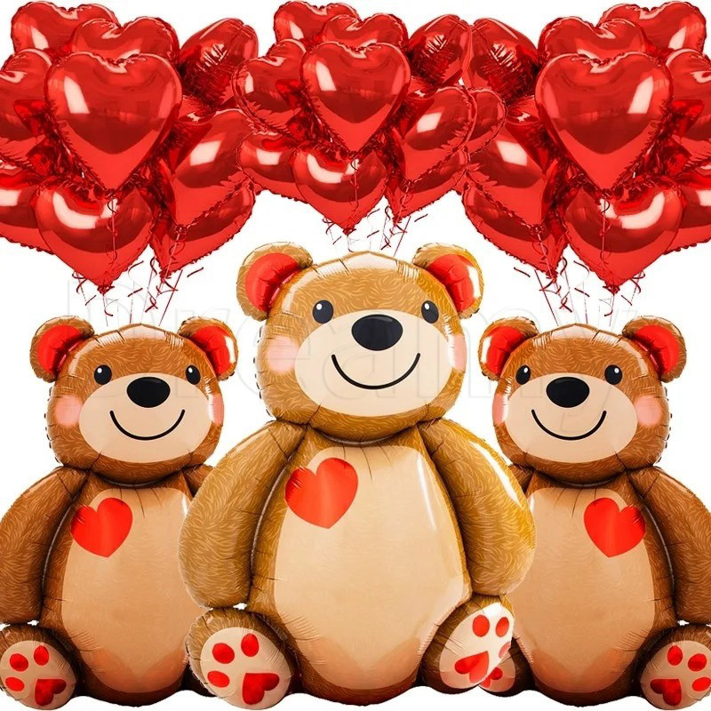 超大擁抱愛熊氣球 - 大型站立泰迪熊氣球 - 愛心氣球 - 充氣鋁膜氣球 - 適合情人節婚禮生日派對裝飾