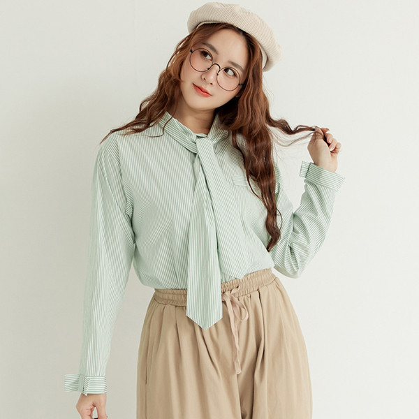 【PolyLulu】 MORI.清新糖果系條紋領結長袖襯衫 中大尺碼上衣