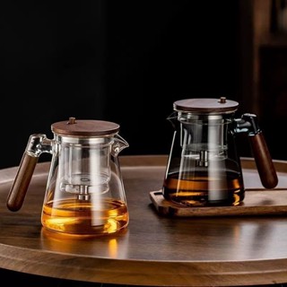 優質新品 泡茶壺 全玻璃內膽胡桃木把加厚茶水分離器 過濾泡茶杯 養生家用茶具 耐熱