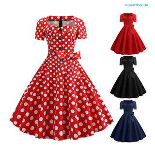 [HIBE] 女士1950S復古短袖時尚鈕扣波點抽繩大擺洋裝禮服