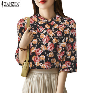 Zanzea 女式韓版時尚碎花立領板扣襯衫