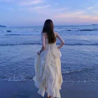 夏季吊帶白色海邊度假仙女裙沙灘新洋裝子長裙洋裝吊帶裙三亞