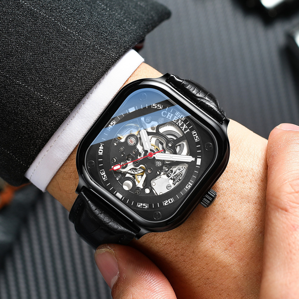 爆款腕錶方形時尚手錶新款全自動機械錶男士高品質防水鏤空機械手錶男款