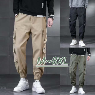 🔥48H出貨 M-8XL 韓系簡約大尺碼工裝褲男 多口袋工作褲 簡約束口褲 男生慢跑褲 鬆緊繩 薄款運動長褲 加大尺碼