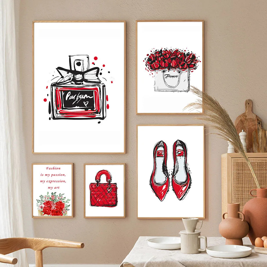 無框印花時尚紅玫瑰時尚香水包高跟鞋海報帆布現代油畫藝術家居牆貼