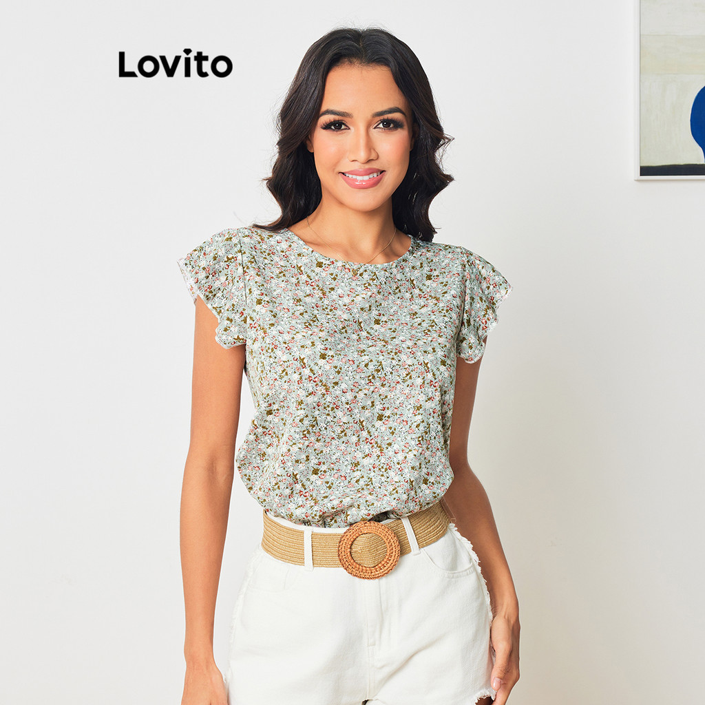 Lovito 波西米亞格女用花卉荷葉邊襯衫 LBL08033