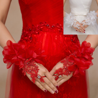 新娘結婚手套 花朵蕾絲 新娘婚禮儀敬酒服短版手套 白/紅色 1005