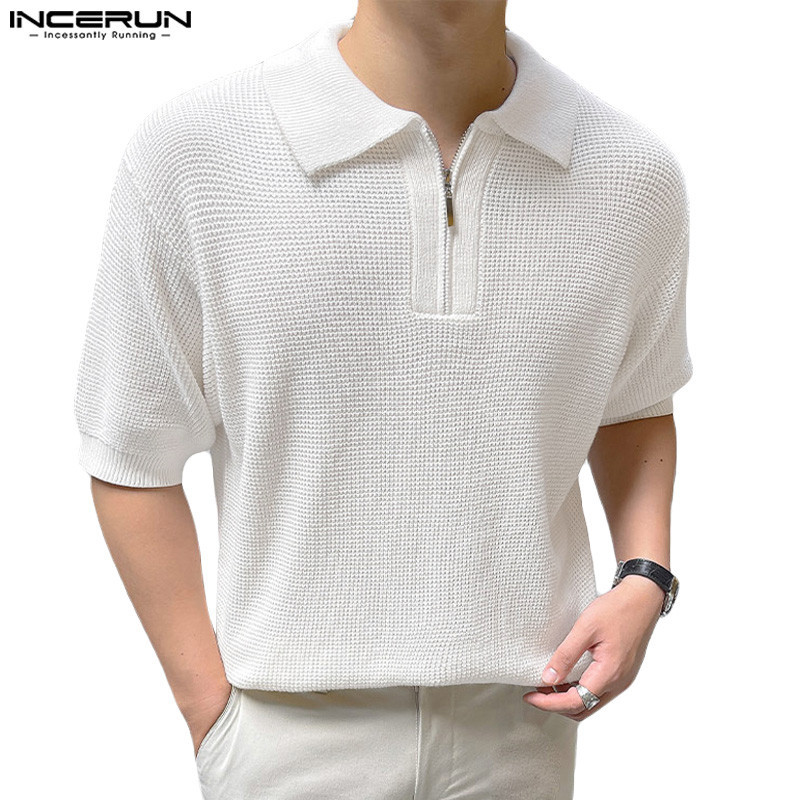 Incerun 男士韓版日常休閒拉鍊翻領純色短袖襯衫