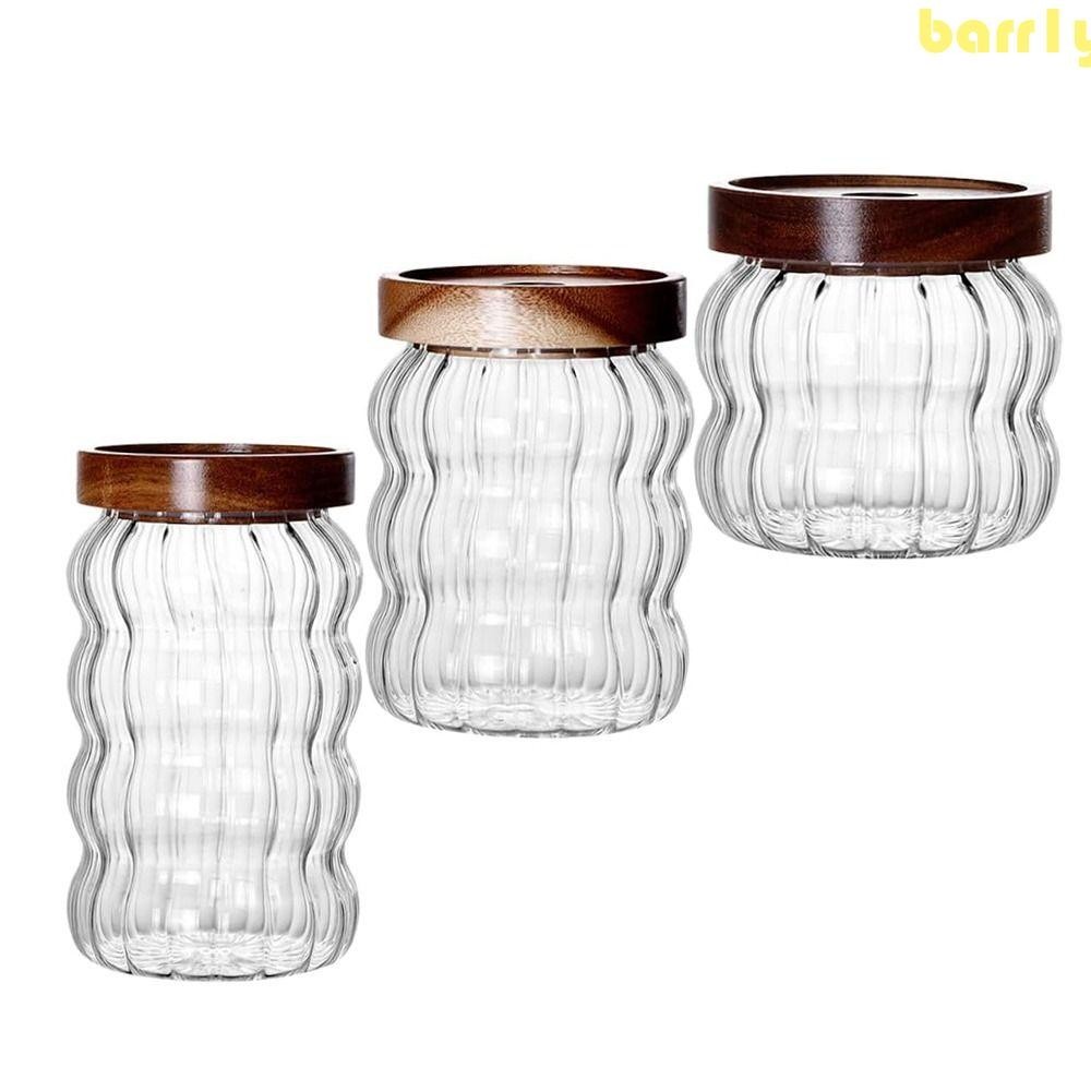 BARR1Y食品密封罐,木製蓋子氣密硅膠玻璃儲存容器,經久耐用加厚垂直條紋大容量玻璃容器罐螺母