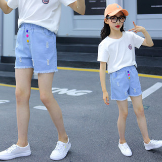 【HOT 本舖】 女童短褲新款韓版小雛菊破洞女大童兒童夏季洋氣外穿牛仔短褲