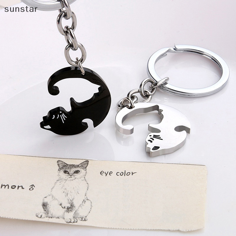 Sunstar 1 對可愛黑貓鑰匙扣拼布心形圓形情侶情侶鑰匙圈不銹鋼背包汽車鑰匙圈掛飾全新