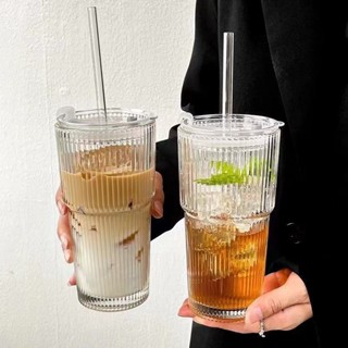咖啡杯 玻璃水杯 水杯 帶蓋 透明 玻璃杯 大容量 600ML 帶吸管 直條紋 玻璃水杯 ins風 大容量 杯子