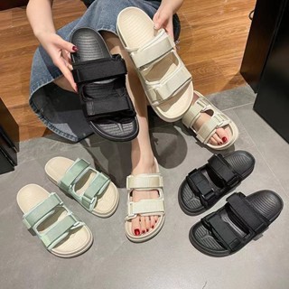 韓版厚底涼鞋 女款 大尺碼 羅馬沙灘鞋 簡約百搭時尚魔術貼涼鞋女 兩穿可拆卸 防滑 耐磨 平底拖鞋 情侶拖鞋 外穿涼鞋