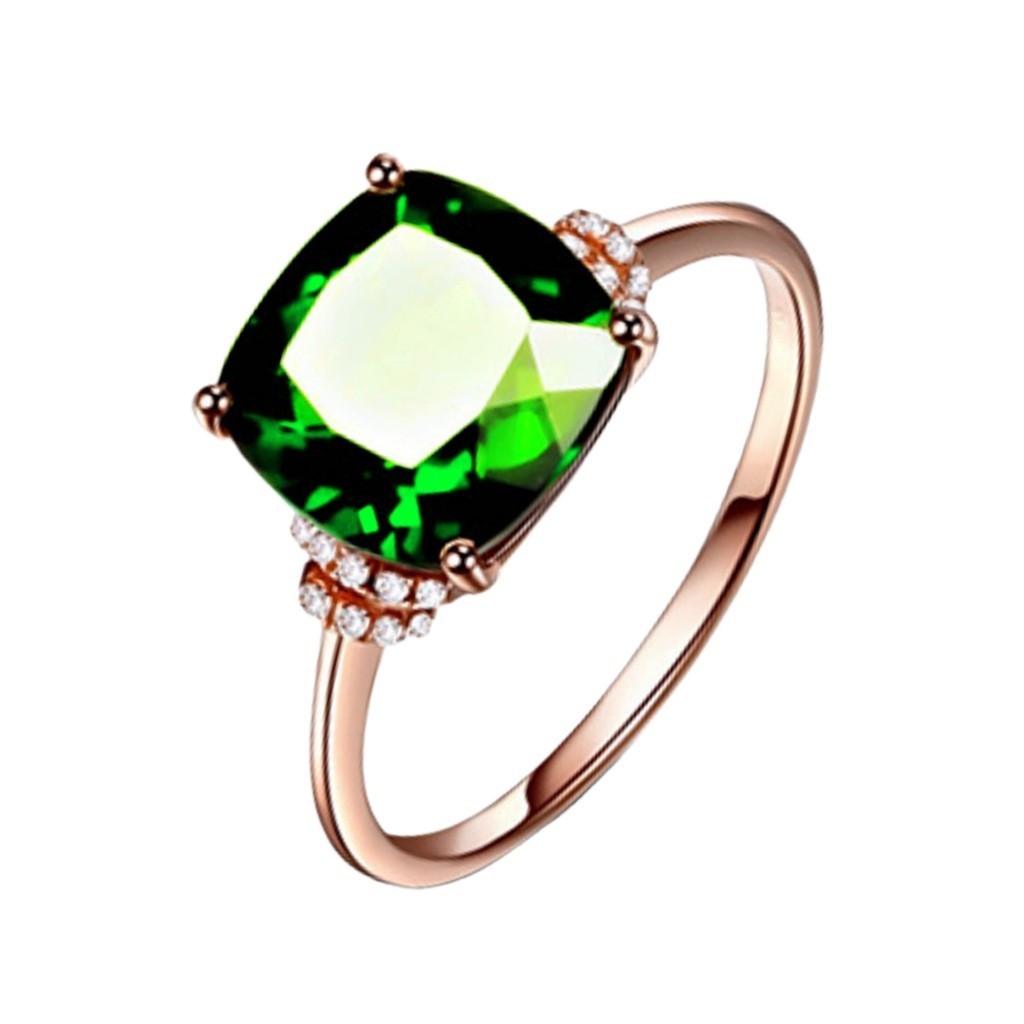 時尚女款戒指 祖母綠正方鑽戒指 彩色璀璨寶石戒指 青翠欲滴透輝石鮮綠戒指