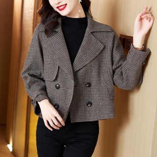 女式短款格子夾克外套短款灰色寬鬆衣服外套格子奢華別緻優雅高品質西裝外套女