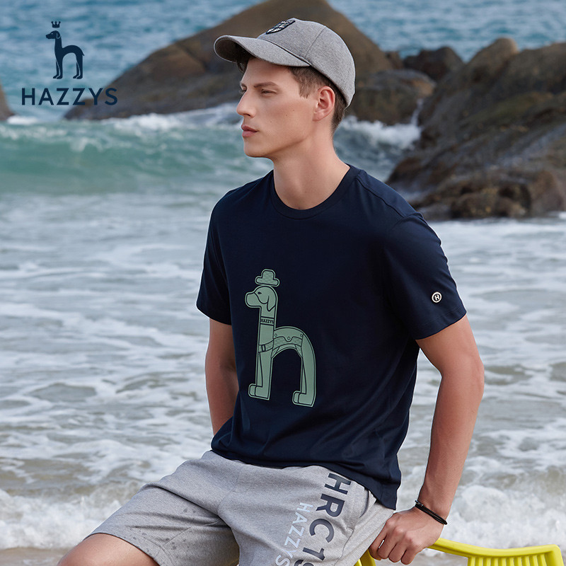 Hazzys哈吉斯夏季男士圓領短袖T恤衫韓版時尚寬鬆男裝潮流上衣306
