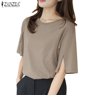 Zanzea 女式韓版純色短袖開叉圓領時尚襯衫