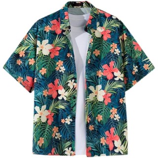 夏季沙灘男士短袖襯衫復古時尚休閒寬鬆夏威夷情侶花襯衫上衣