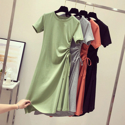酪梨綠   洋裝     收腰  顯瘦   抽繩   洋氣   T恤裙子