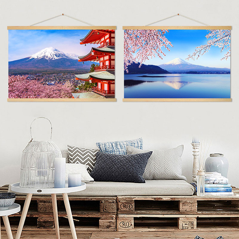 日式櫻花富士山掛布畫壽司美食餐廳牆面裝飾畫東京街景建築掛畫