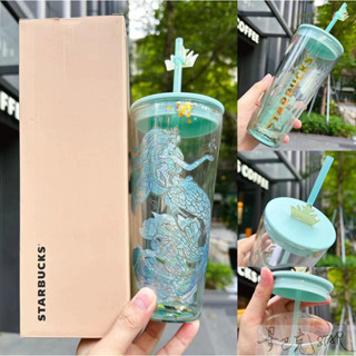 STARBUCKS 免費杯墊591ml星巴克杯子漸變雙層玻璃吸管杯防燙美人魚皇冠海洋系列辦公桌面水杯