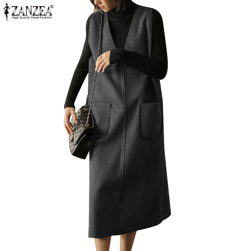 Zanzea 女式韓版時尚 V 領無袖口袋寬鬆純色連衣裙