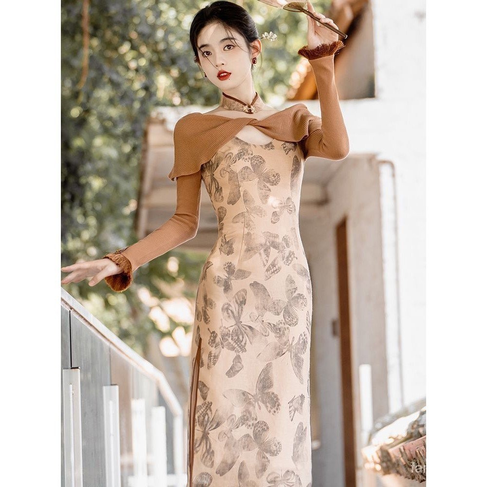 絕美新中式國風旗袍改良小披肩掛脖優雅高級感洋裝宴會禮服長袖